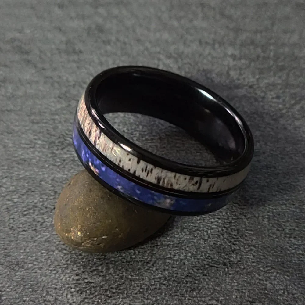 Men's Personalized Deer Antler and Tungsten Ring - Engraved Antler Ring For Men